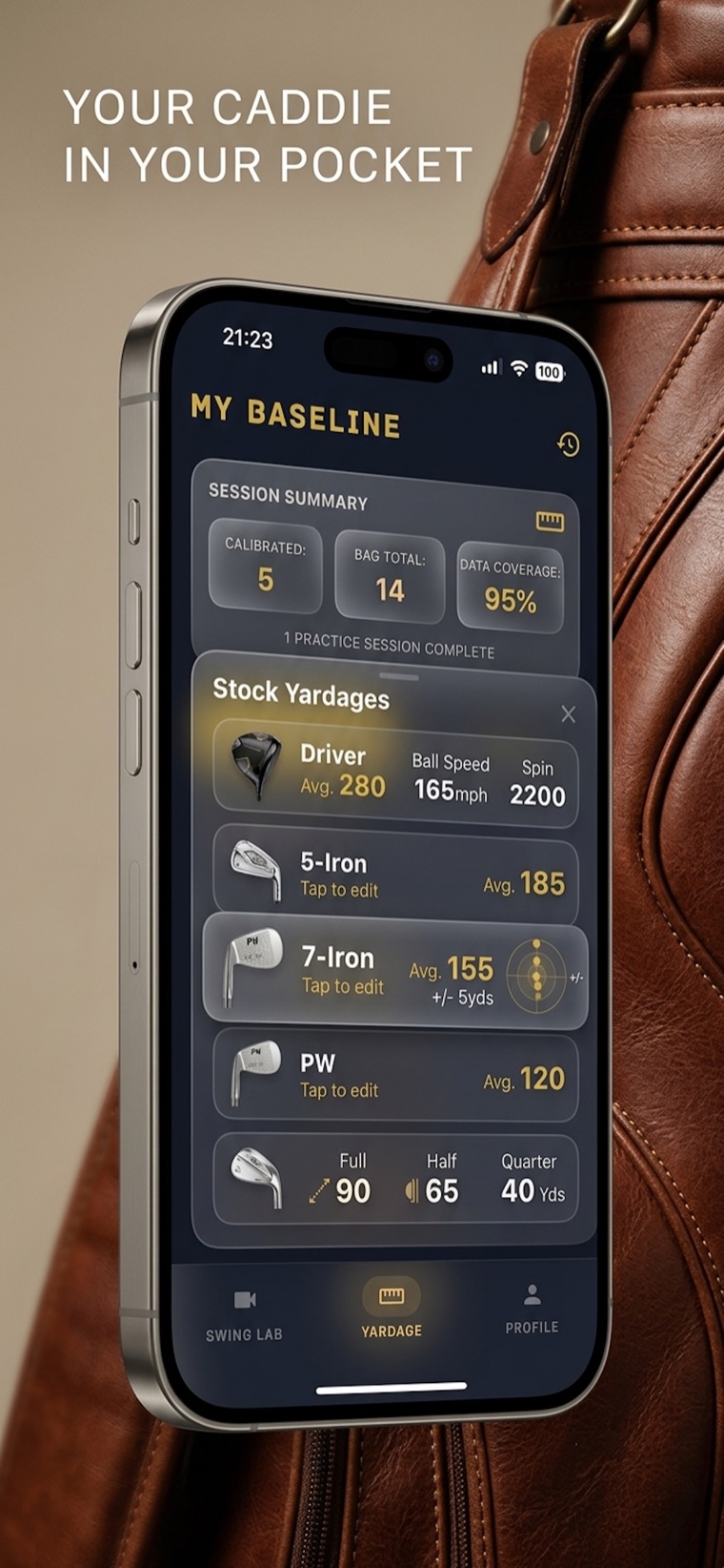 Yardage calibration with the Golden Target Line showing true club distances