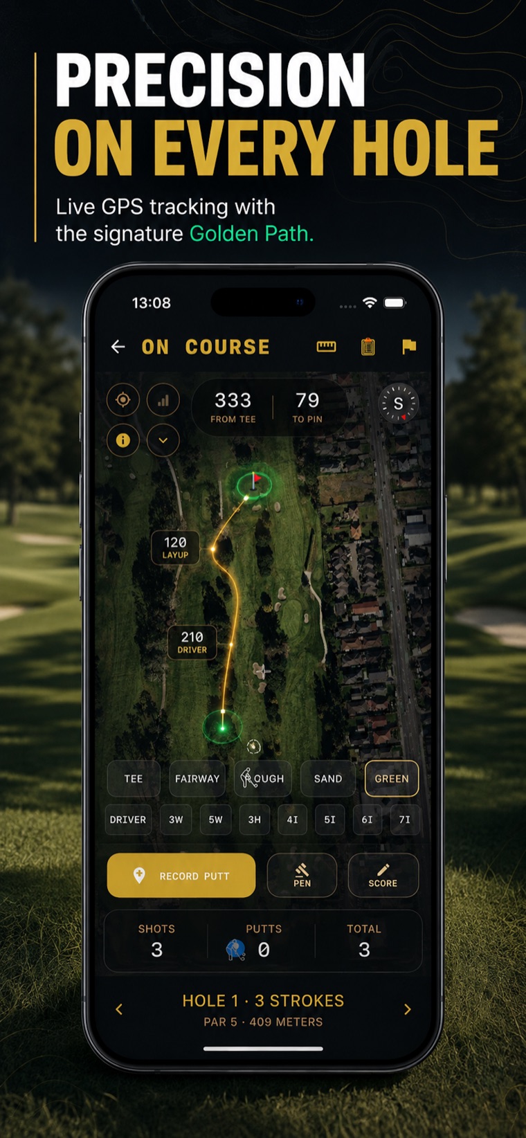 MultiverseLab Golf on-course GPS screen showing hole map, distances to green and club recommendations