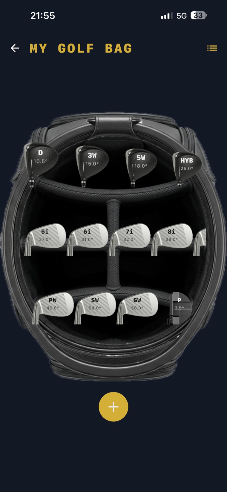 My Golf Bag screen showing a player's real club set arranged in the skeuomorphic virtual bag