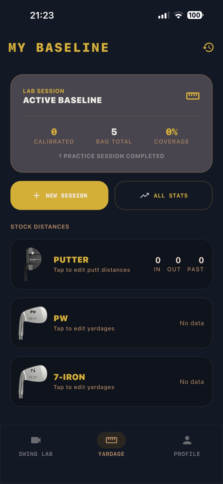 My Baseline screen listing real stroke averages for putter, pitching wedge and 7 iron